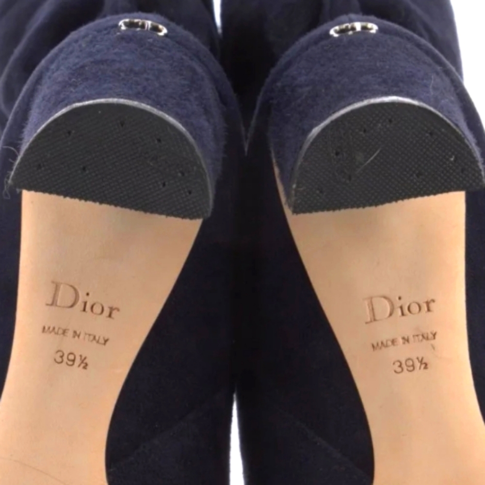 Christian Dior Suede Knee High Boots Blue 39.5 US 9.5 Block Heel CD Logo Zip - Picture 6 of 12
